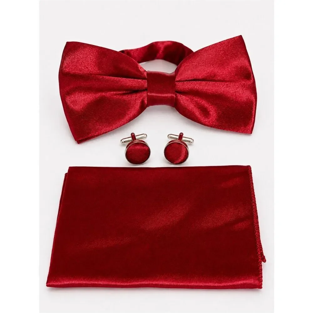 Red Satin Bow Tie Set Pocket Square Cuff Links Women’s Formal Prom Tuxedo Set
